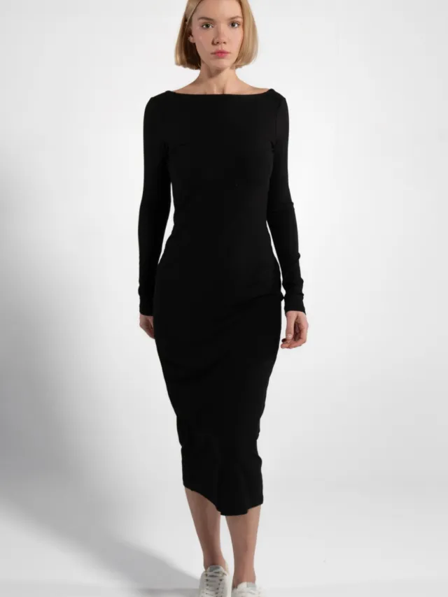 GORG dames vegan Jurk Lange Mouw Ribgebreid Zwart