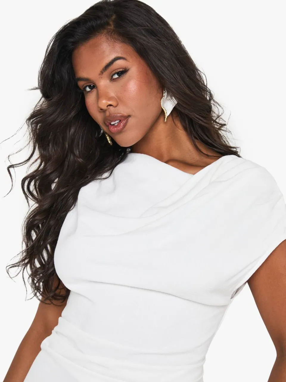 boohoo Dames Linnenlook Draperende Mini Jurk met Ruches wit, foto 4
