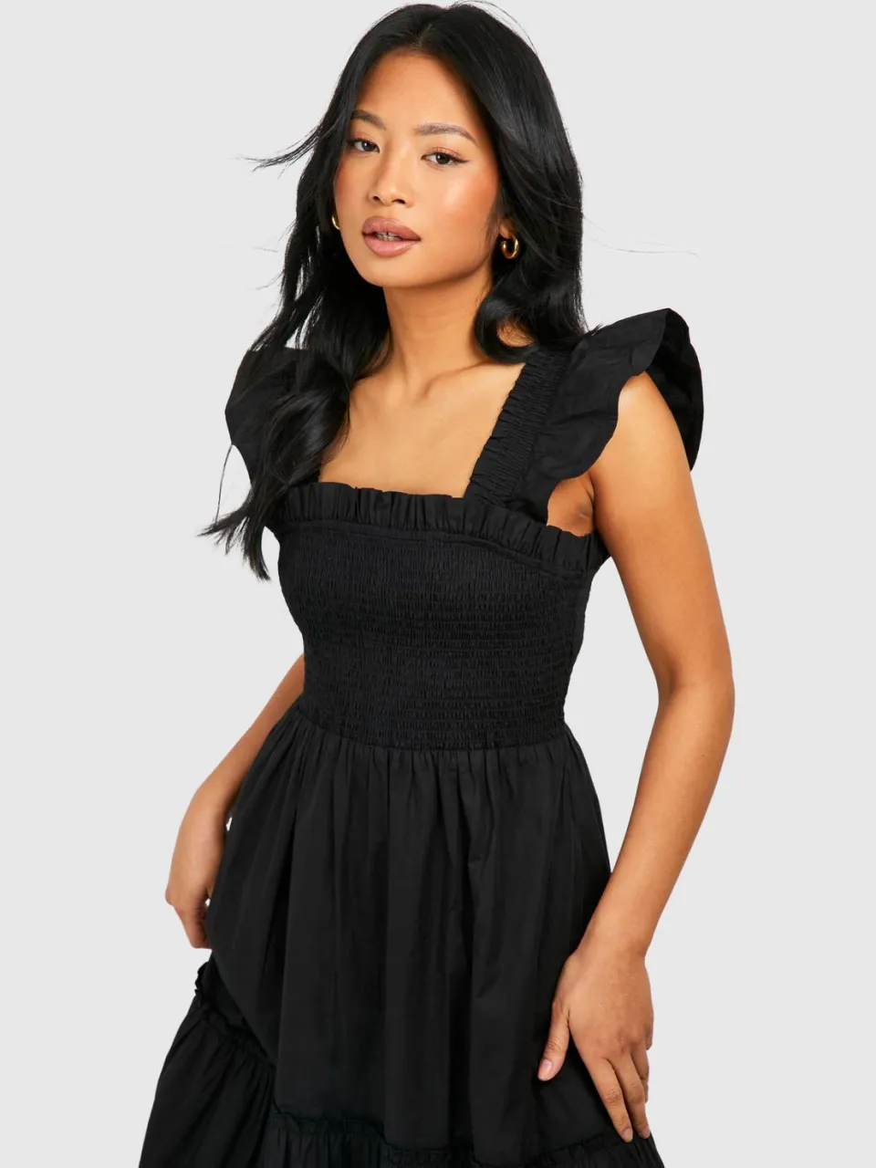 boohoo Dames Kleine Shirred Poplin Midaxi Jurk zwart, foto 3