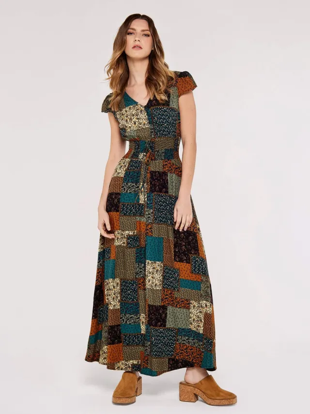 Apricot Maxi-jurk met smockwerk in patchwork Bruin
