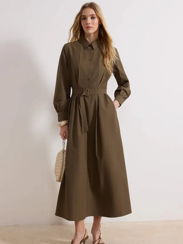 Trendyol Modest Dames Kaki Effen Maxi Lang Casual Blousejurk Modest Jurken