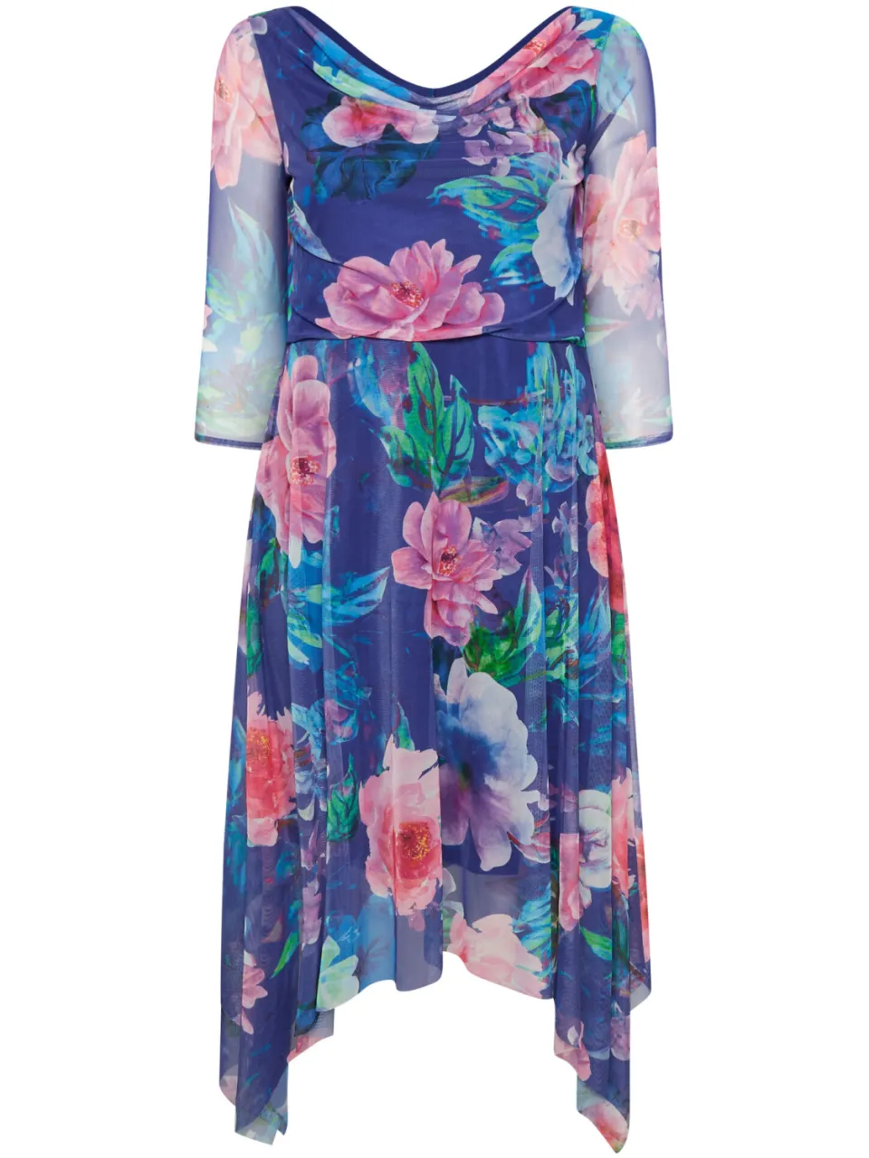 Yours London Asymmetrische Mesh Jurk Met Bloemenmotief In Blauw/Roze, foto 5