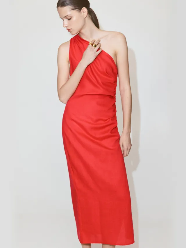 Mango one shoulder midi jurk met linnen - rood