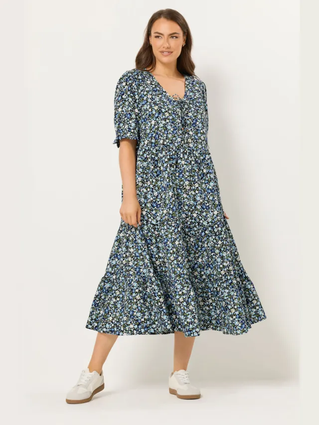 Yours Blauwe Jurk Met Fijne Bloemenprint En Strikkoordje Aan De Voorkant-60 Blue