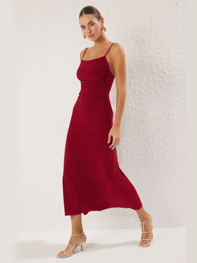 Trendyol TRENDYOLMİLLA Dames Rood Effen Maxi Mouwloos Casual A-lijn Jurken