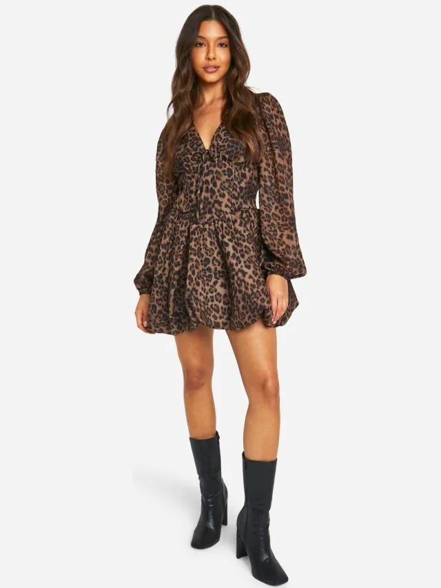 boohoo Dames Chiffon Luipaardprint Pofmouw Melkmeiden Skater Jurk