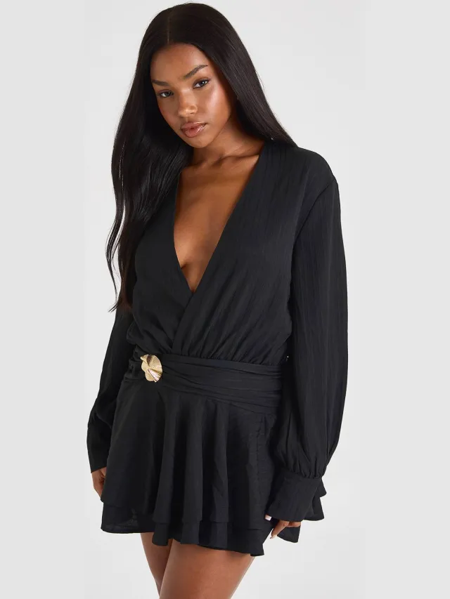 boohoo Dames Getextureerde shirtjurk met gouden rand en verlaagde zoom Zwart