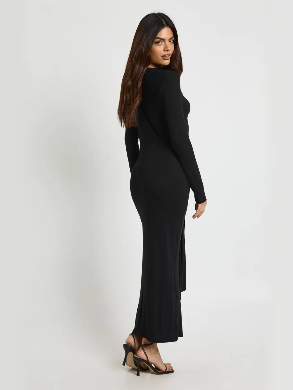 boohoo Dames Gemeleerde Lange Mouw Jurk met Strikceintuur Midaxi zwart, foto 2
