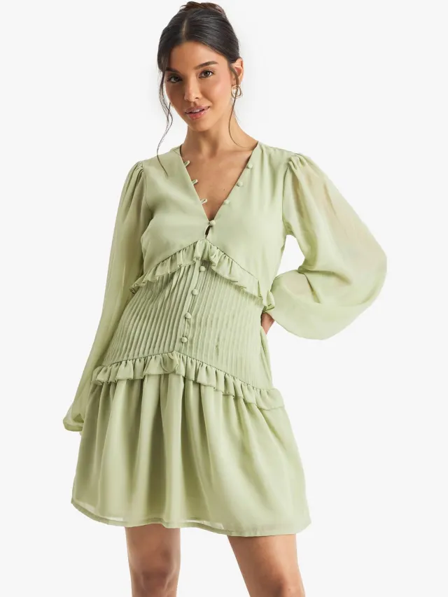 boohoo Dames Chiffon Mini Jurk met Lange Mouwen en Geplooide Taille Verstandig