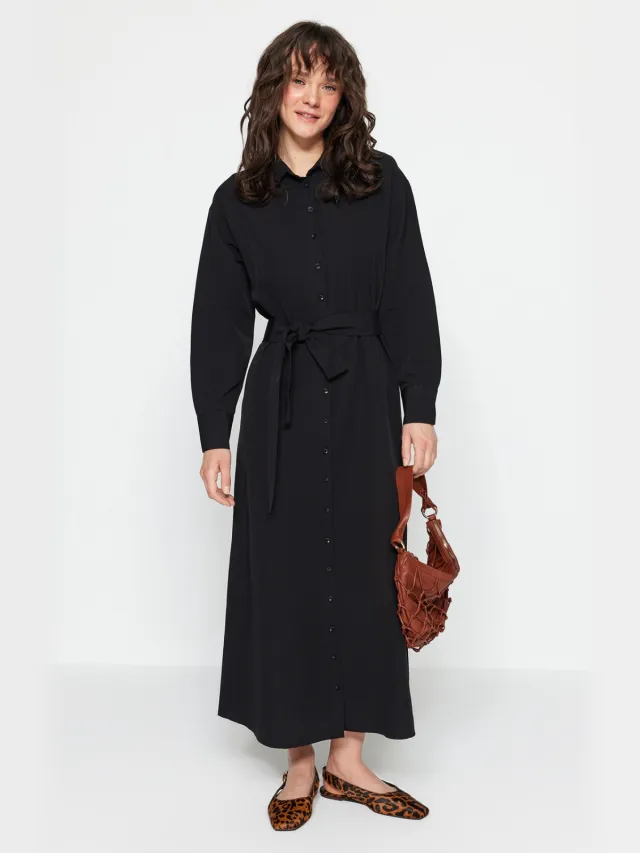 Trendyol Modest Dames Zwart Effen Maxi Lang Casual Blousejurk Modest Jurken