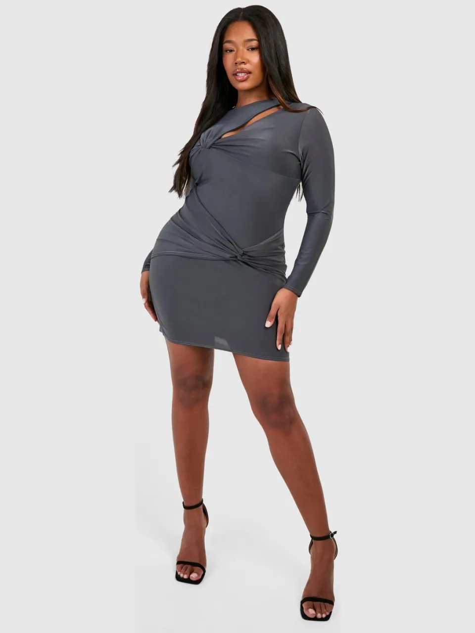 boohoo Dames Plus Knot Detail Long Sleeve Slinky Mini Dress houtskool, foto 3