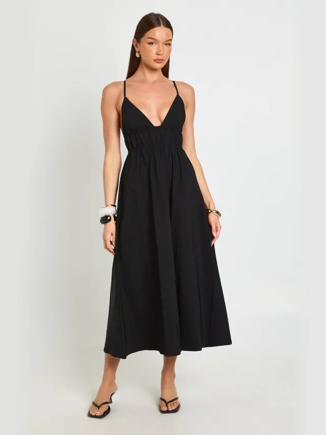 boohoo Dames Bengaline Midaxi Jurk Met Elastische Tailledetail En Gekruiste Rug Zwart