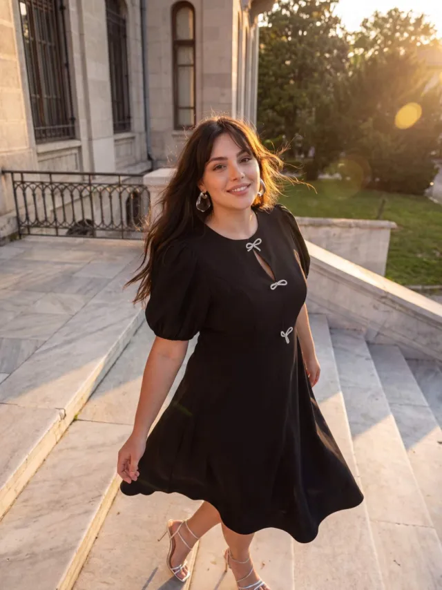 Trendyol Curve Dames Zwart Effen Midi Kort Stijlvol/Avond Skater Grote maten Jurk