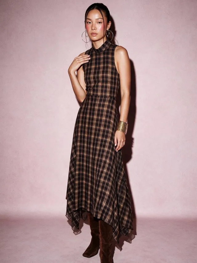 van Verla Asymmetrische midi jurk Dames - Mouwloos - Hoge hals - Bruin