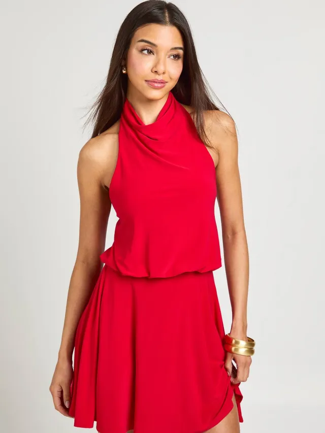 boohoo Dames Mini-jurk Met Hoge Hals, Open Rug En Verlaagde Taille Rood