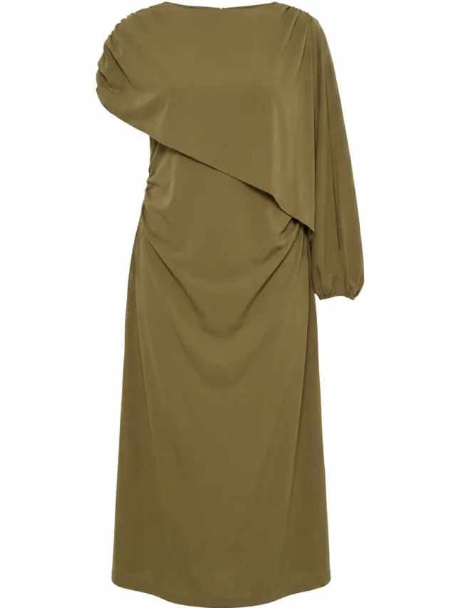 Ulla Popken Dames - Maxi-jurk cape ronde hals lange mouw/korte mouw - Bronsgeel - Maat 42+