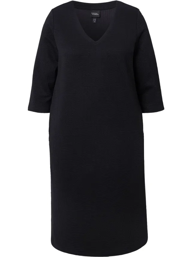 Ulla Popken Dames - Midi-sweatjurk A-lijn V-hals 3/4-mouwen - Zwart - Maat 46+