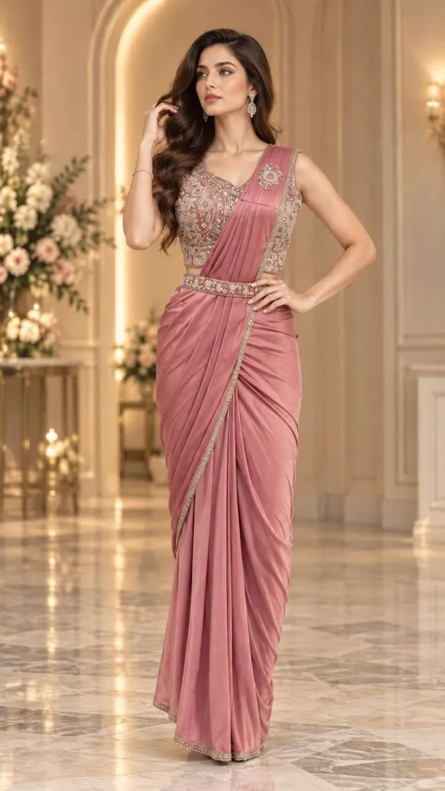 Simhera Threads Dusty Rose Pink Ready-to-Wear Saree with Embellished Blouse