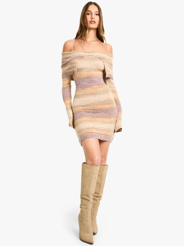 boohoo Dames Bardot gestreepte jumper gebreide jurk Multicolor