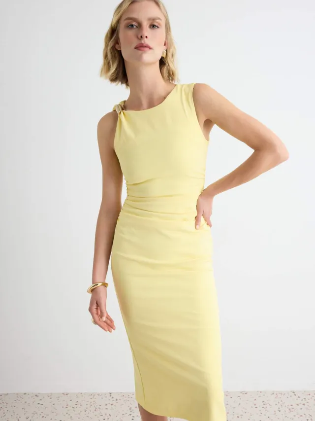 Trendyol TRENDYOLMİLLA Dames Geel Effen Midi Mouwloos Stijlvol/Avond Bodycon Jurken