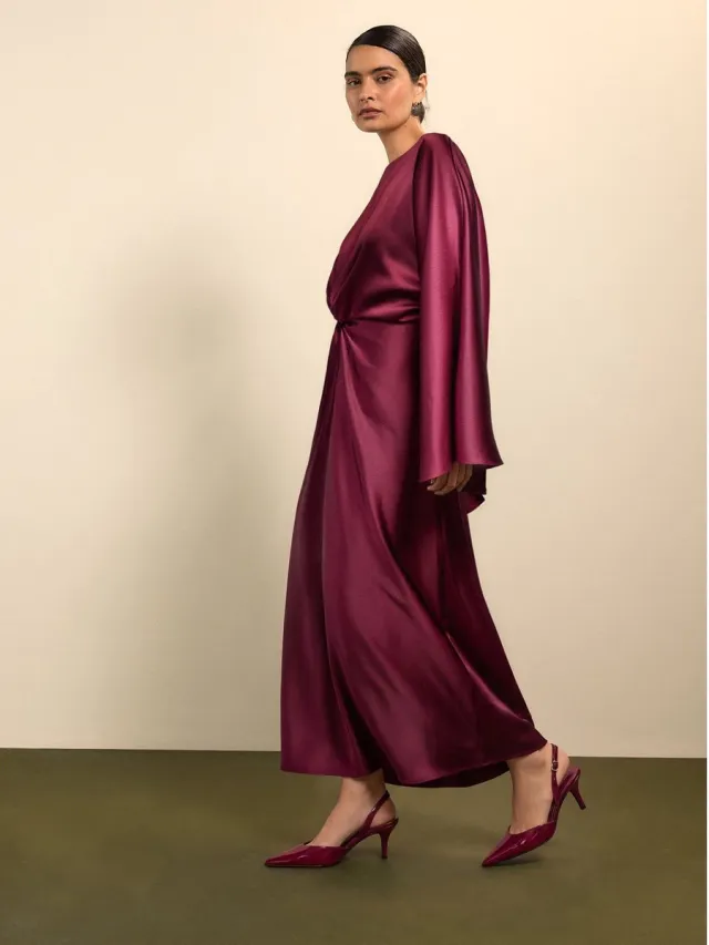 Next Dames - Maxi-jurk van satijn met gedraaide voorkant en lange mouwen - Rood Burgundy Red