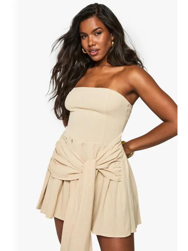 boohoo Dames Linnen-look geplooide wikkelmini-jurk neutral, foto 2