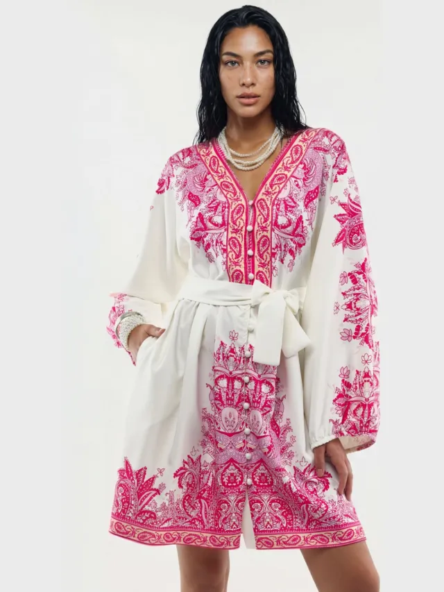 MSN Collection Gestrikt Mini-Jurk met V-hals in Paisley Wit