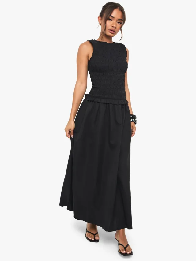 boohoo Dames Racer Hals Shirred Drop Waist Midaxi Jurk Zwart