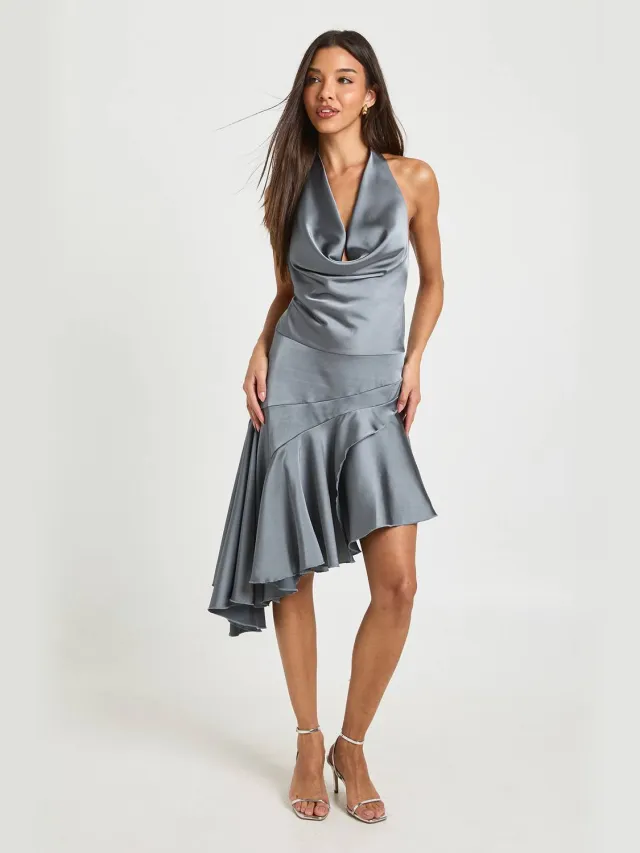boohoo Dames Satijnen Cowl Hals Asymmetrische Zoom Mini Jurk Metalic Donkergrijs