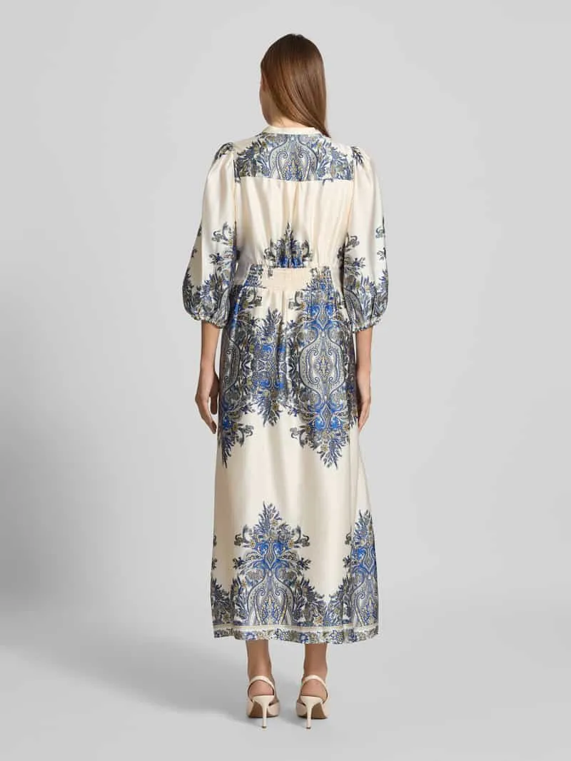 Neo Noir Maxi-jurk met pofmouwen, model 'STELLAR PAISLEY BORDER' blauw, foto 3
