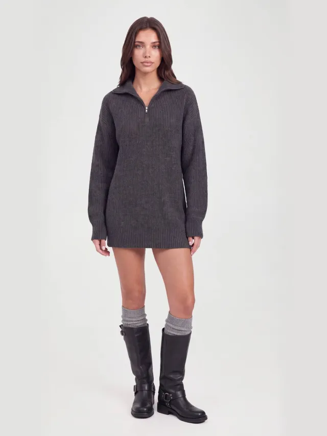 boohoo Dames Zachte Gebreide Oversized Trui-jurk Met Ritskraag Houtskool
