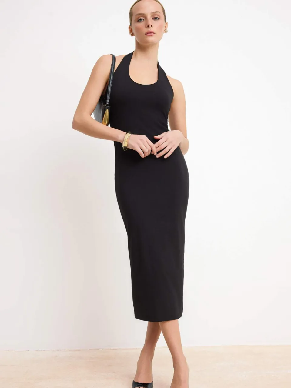 Trendyol TRENDYOLMİLLA Dames Zwart Effen Midi Mouwloos Zakelijk Bodycon Jurken