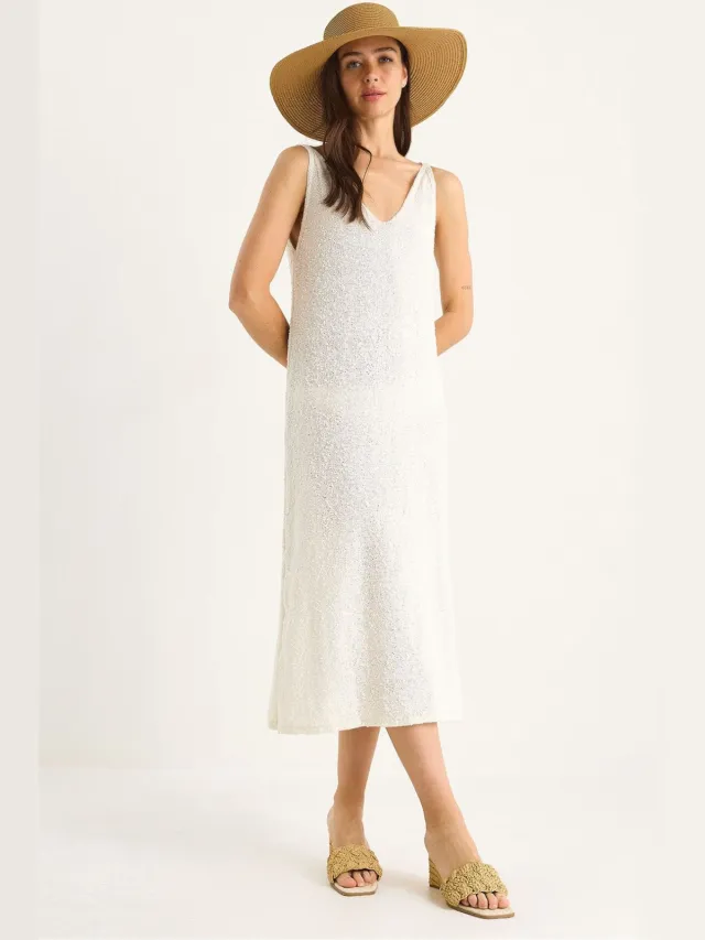 Bianco Lucci Gestructureerde V-hals Midi Brei-jurk met Achterprint Beige
