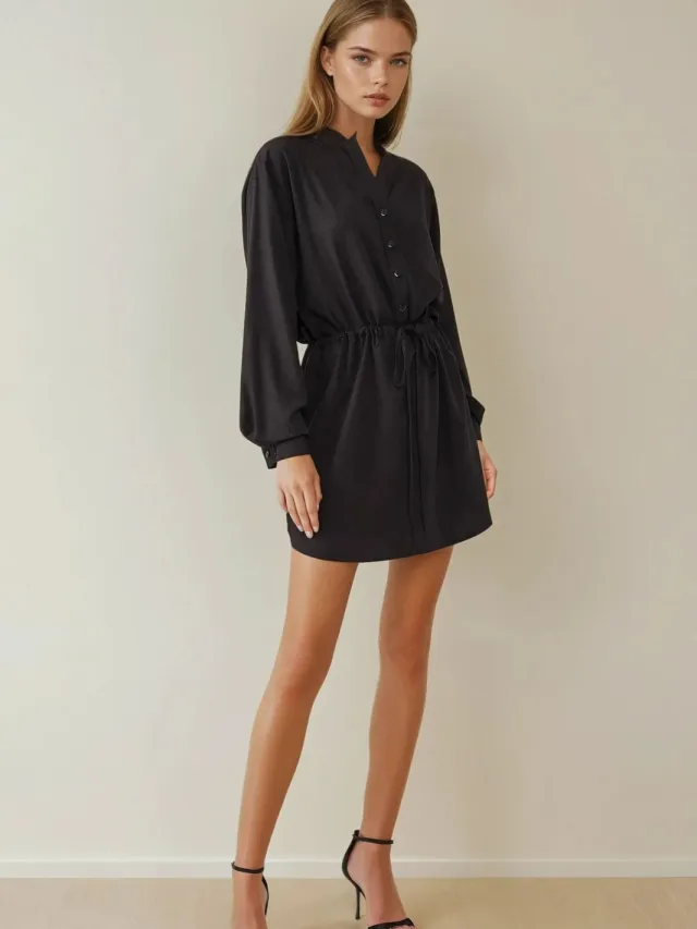 Hiccup Relax Fit Viscose Mini Jurk Zwart