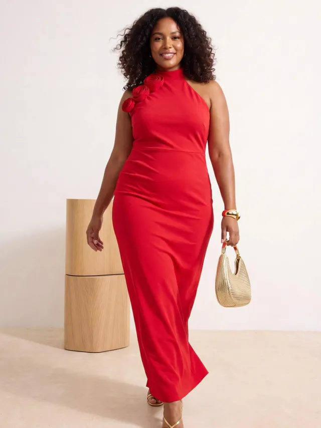 Trendyol Curve Dames Rood Effen Maxi Mouwloos Diploma-uitreiking / Gala Bodycon Grote maten Jurk
