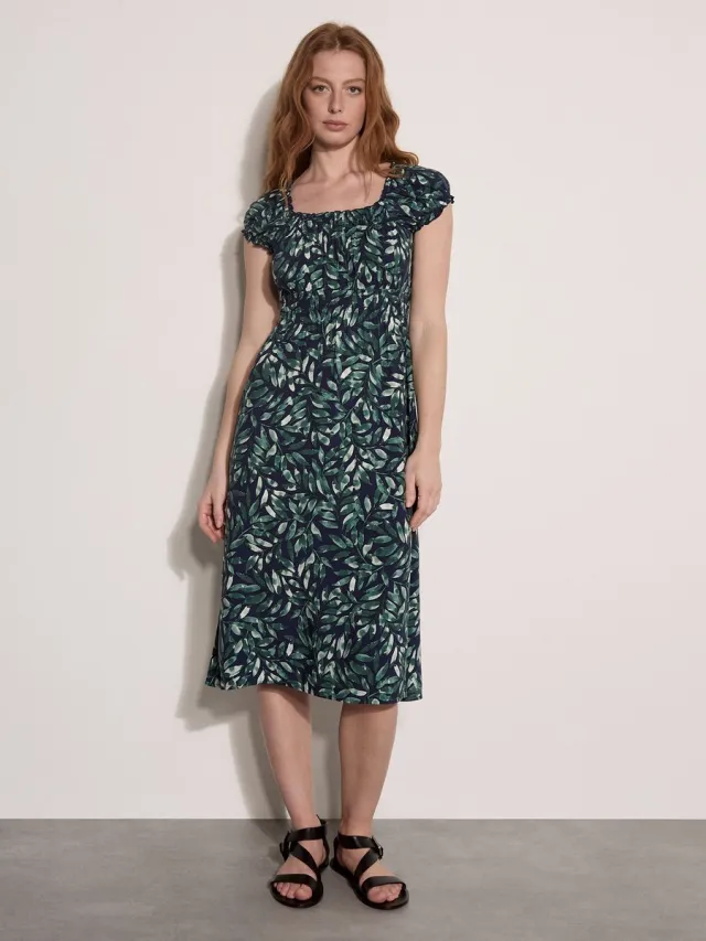 Apricot Midi-jurk met bladeren in aquarelstijl Marine