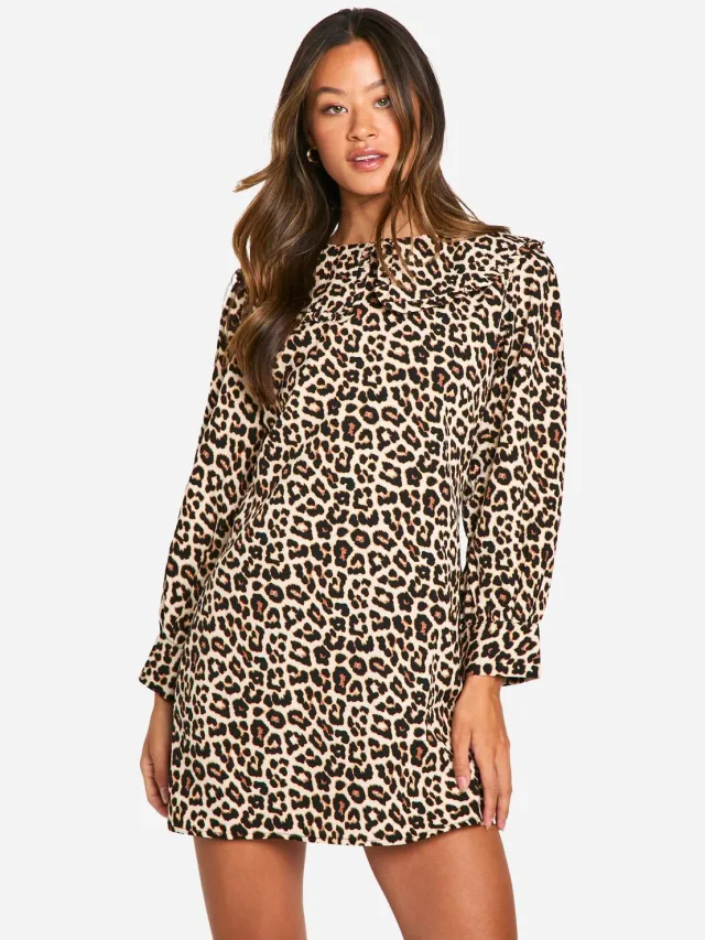 boohoo Dames Lange Jurk met Luipaardprint, Kraagdetail en Volumineuze Mouwen Multicolor