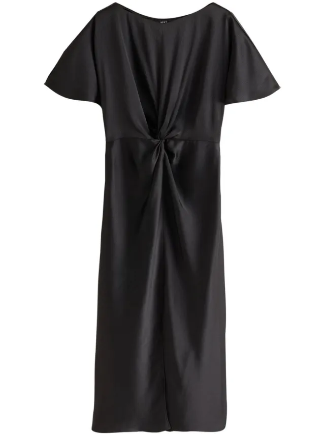 Next Dames - Satijnen midi-jurk met korte mouwen en gedraaide voorkant - Zwart Black