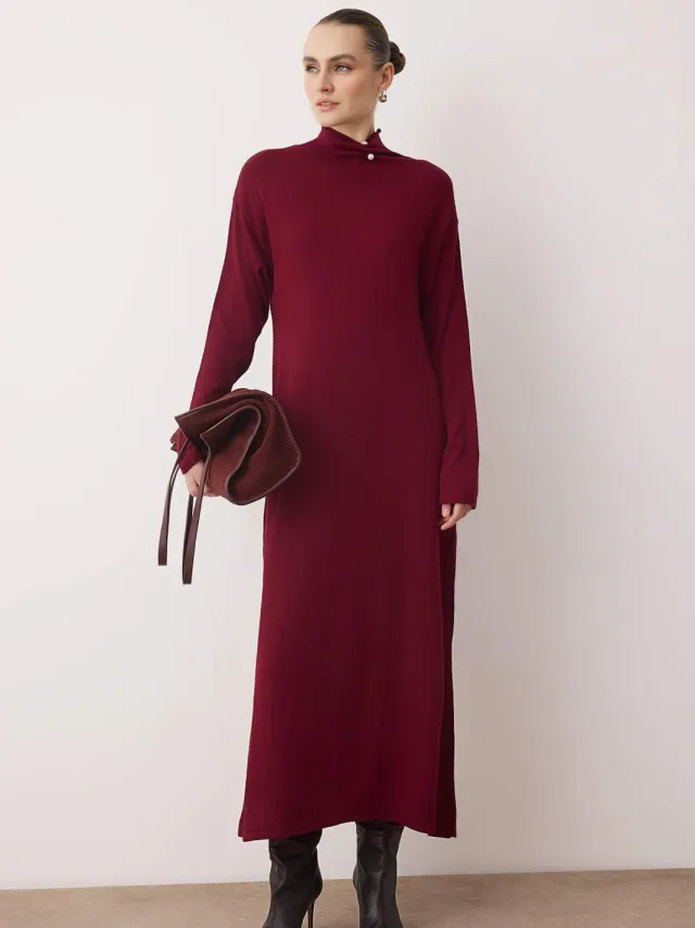 Trendyol Modest Dames Bordeaux Effen Maxi Lang Casual A-lijn Modest Jurken Bordeauxrood