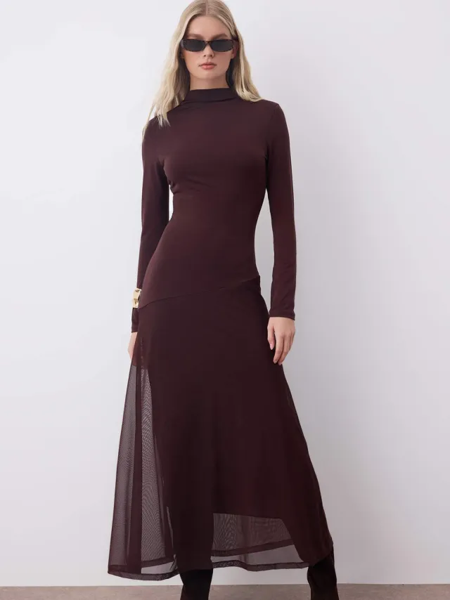 Trendyol TRENDYOLMİLLA Dames Bruin Effen Maxi Lang Avond / Dagelijks A-lijn Jurken