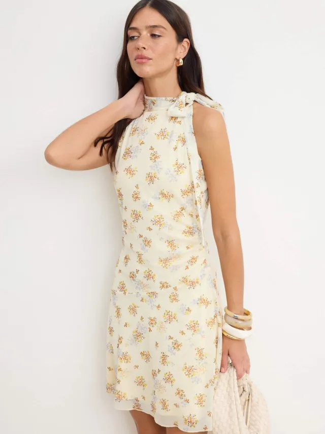Trendyol TRENDYOLMİLLA Dames Geel Abstract Extra Kort / Super Mini Mouwloos Skater Jurken