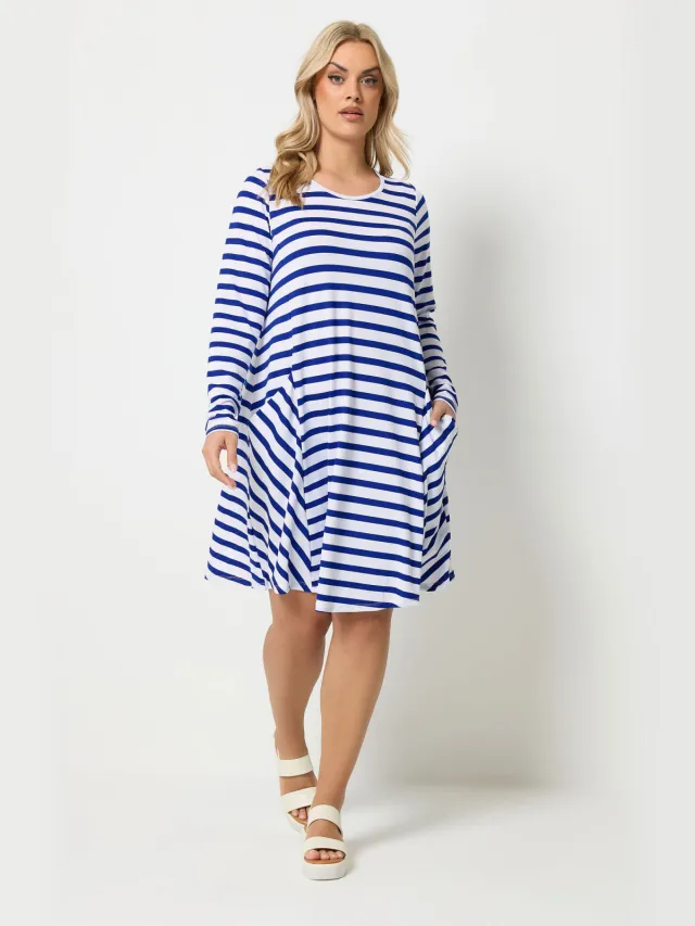 Yours Blauw Gestreepte Gedrapeerde Jurk Met Zakken-52 Blue
