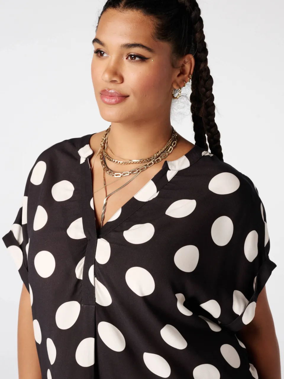 MS Mode viscose zomerjurk met plooien en stippen Plus Size - bruin, foto 7