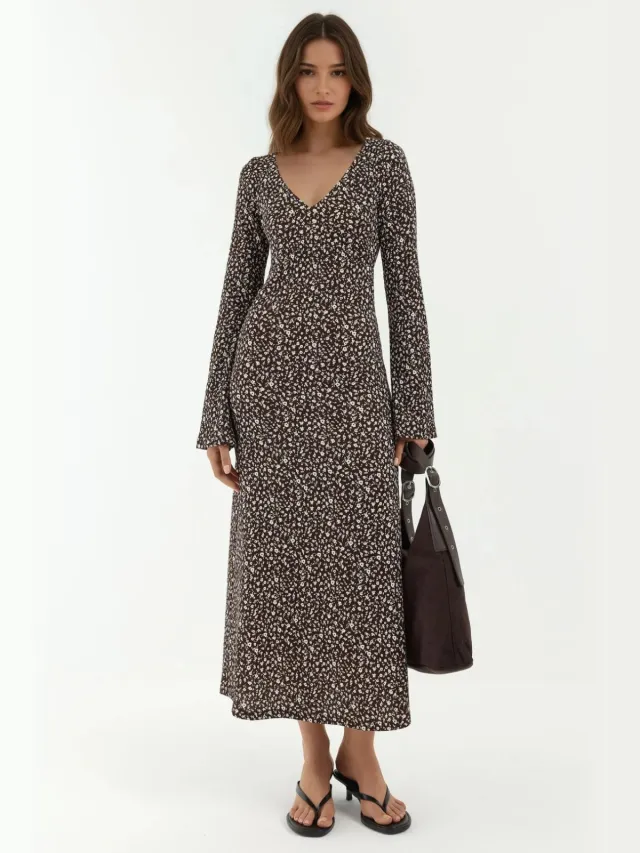 Hiccup Elegante Bloemenprint V-hals Bodycon Maxidress Bruin