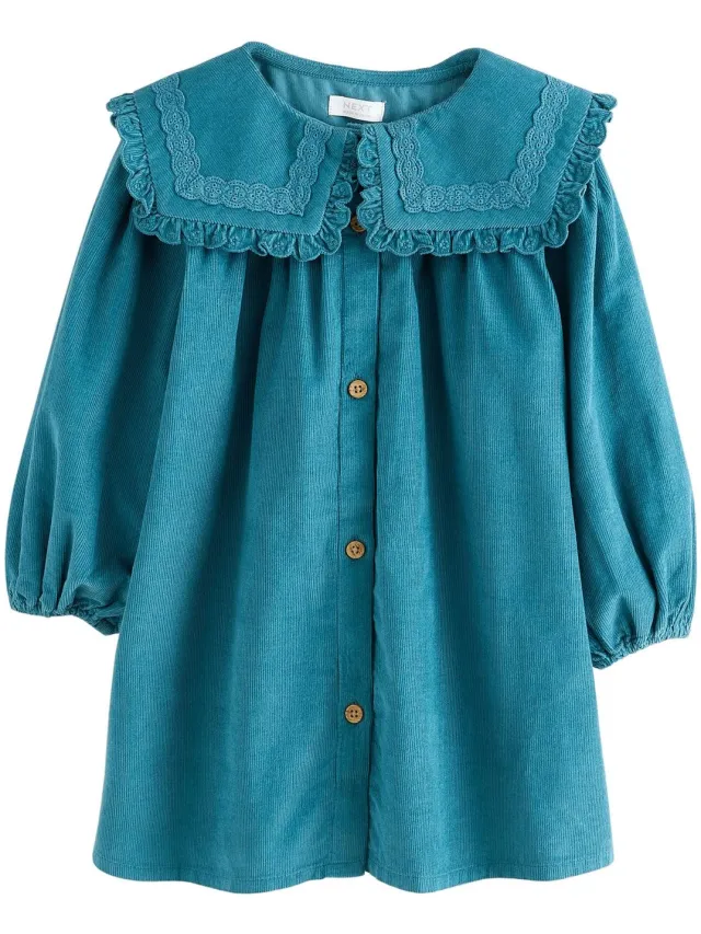 Next Meisjes - Corduroy jurk met lange mouwen en kraagdetail - Groen Teal Blue
