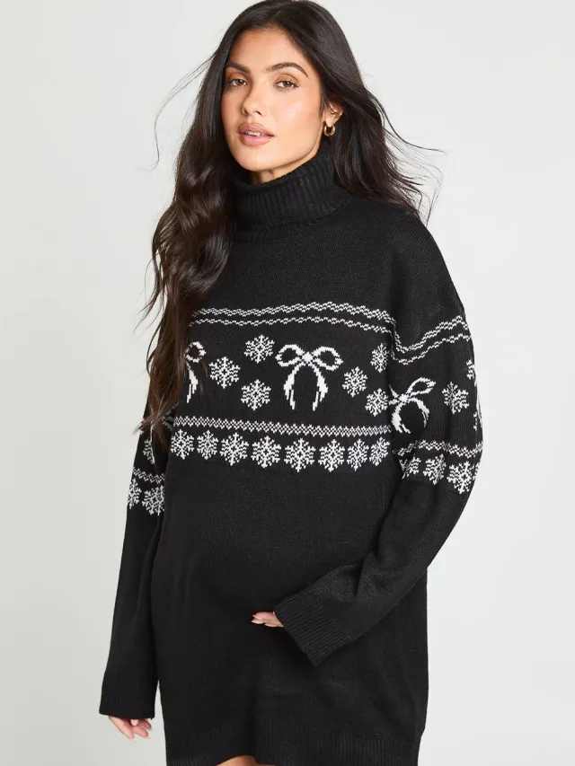 boohoo Dames Zwangerschaps Kerstjurk Met Rolkraag En Strikjes In Fairisle-breisel Zwart