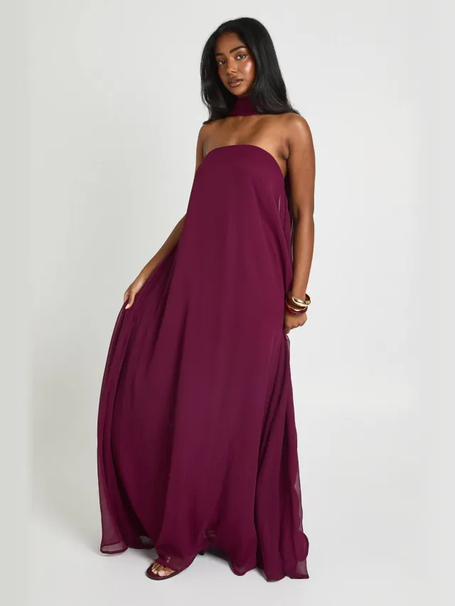 boohoo Dames Maxi-jurk Met Trapeze-silhouet En Sjaalkraag Tot Op De Grond Kersen