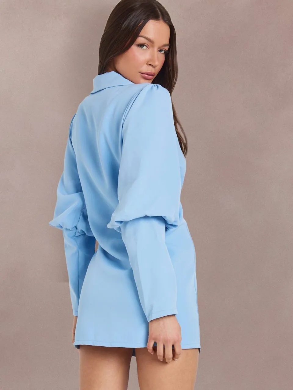 boohoo Dames Blazerjurk Met Volumemouwen En Strikceintuur pastelblauw, foto 2