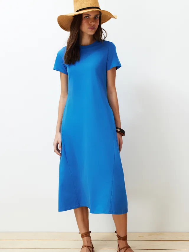 Trendyol TRENDYOLMİLLA Dames Donkerblauw Effen Midi Kort Casual A-lijn Jurken Kobaltblauw