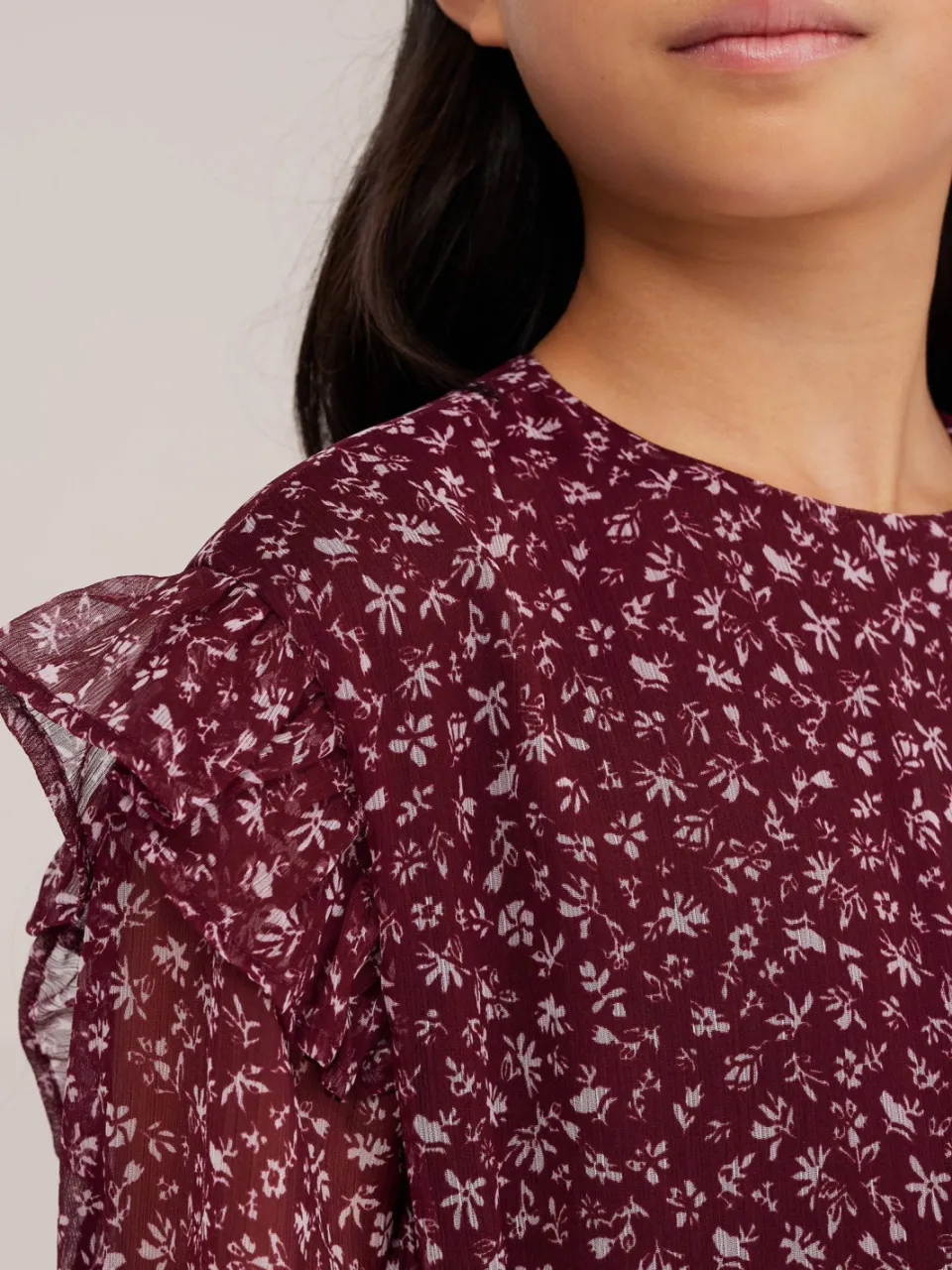 WE Fashion korte jurk met ruches donkerrood donkerrood/ecru, foto 5